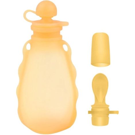 Set de 3 piezas, bolsitas de silicona reutilizables para comida de bebé, 1 cuchara para puré de frutas, 1 pajita, sin BPA, mecanismo de presión, para bebés y niños pequeños, 150 ml (1/5)
