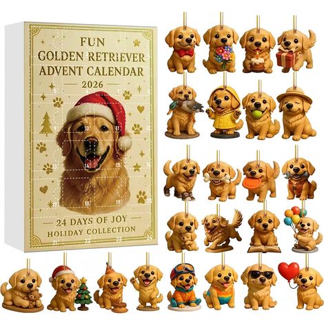 Calendrier de l'Avent Golden Retriever 2026, 24 décorations suspendues en acrylique 2D représentant des Golden Retrievers, ornements de sapin de Noël féériques pour les amoureux des chiens (1/5)