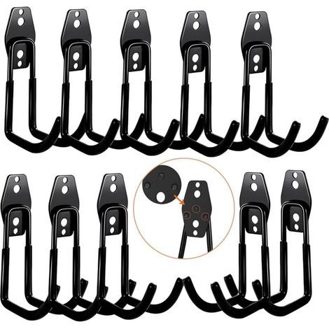 Crochet Garage Mural 10PC, Crochet de Rangement,Crochet Mural en Acier Avec 3 Soudures au Lieu de 2 Plus Fortes pour échelles,Vélos,Tuyaux,Outils électriques(Noir) (1/4)