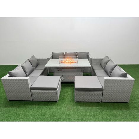 Fimous PE Rattan Lounge Sofa Set Outdoor Garden Furniture Set with Firepit Dining Table 3 Seater Sofa Light Grey (1/5)