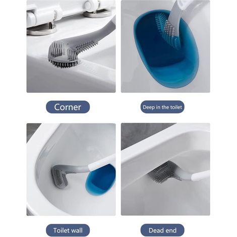 Brosse de Toilette de Golf, Brosse WC en Silicone, Manche Long Ensemble Toilette en Silicone avec Base à Ouverture Automatique et Anti-Fuite (Blanc avec Base) (1/4)