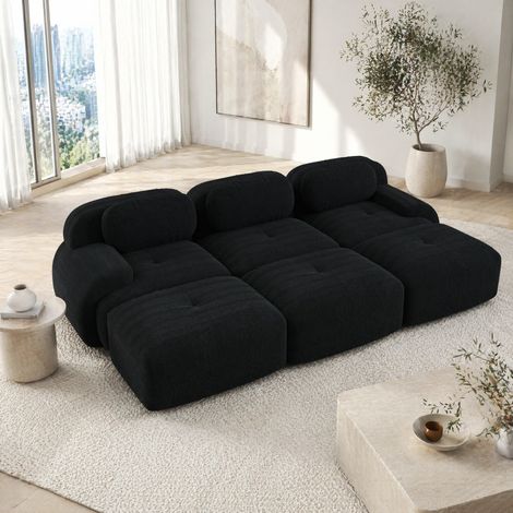 Canapé d'angle modulaire 3 places avec 3 poufs, sans montage, velours côtelé noir, 298x178x70 cm (1/5)
