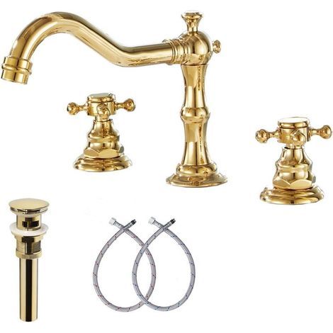 Gold basin mixer tap, 8 to 16 inches, 2 handles, 3 holes, widely used bathroom tap (1/4)