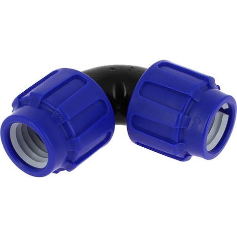 Coude compression 90° en polypropylène – Raccord égal Ø40 – Pression 16 bars – Compatible PEBD, PEHD, PE40, PE80, PE100