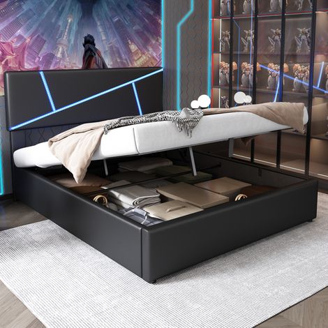 Cama doble con almacenamiento LED tapizada negra OKMYHOME (1/5)