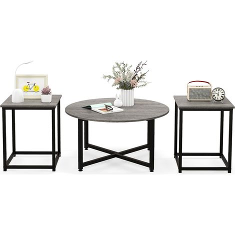 Ensemble de 3 tables basses grises avec table ronde et 2 tables d'appoint carrées (1/5)