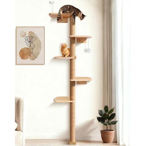 Grand arbre à chat pour montage mural, arbre à chat en bois naturel de 210 cm avec 5 étages et sisal, éléments muraux pour chats pour grimper, gratter et jouer (1/5)