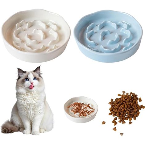 Gamelle Anti Glouton Chat, – Plateaux Puzzle en mélamine pour Nourriture sèche et Humide – Convient pour Le Lave-Vaisselle - Bleu et Blanc (1/5)
