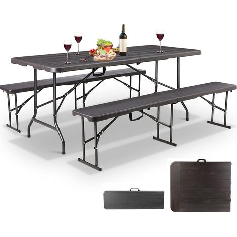 MaxxGarden Juego de Mesa y Sillas de Picnic Plegable - Juego de Muebles de Cerveza de 3 Piezas con 1 Mesa y 2 Bancos - Juego de Camping Portátil para Exteriores con Marco Metálico - Negro (1/5)