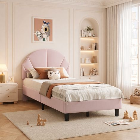 Lit enfant 90x190 cm en velours rose, Lit simple rembourrée avec avec tête de lit à hauteur réglable, Cadre de lit 90x190 avec sommier à lattes pour Fille Adolescent, sans Matelas (1/5)