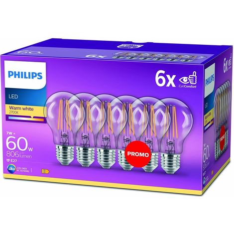 Philips, pack de 6 ampoules E27 LED transparentes 60W, blanc chaud