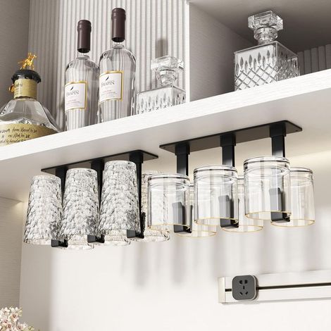 Support verre a pied suspendu, Noir,lot de 2 porte verres à vin, sans perçage, installation sous armoire, pour salle à manger, cuisine et bar (1/5)