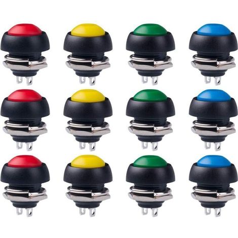 12 interrupteurs marche/arrêt étanches 12 mm avec boutons poussoirs instantanés – 4 couleurs disponibles