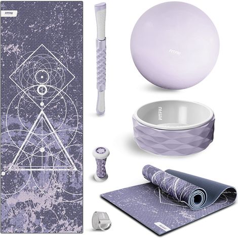 Pack da 6 accessori per yoga KITWELL-600 viola. Kit di accessori per yoga e pilates tra cui tappetino etnico, palla, ruota, massaggiatore per piedi, barra per massaggi e cinghia - FITFIU Fitness (1/5)