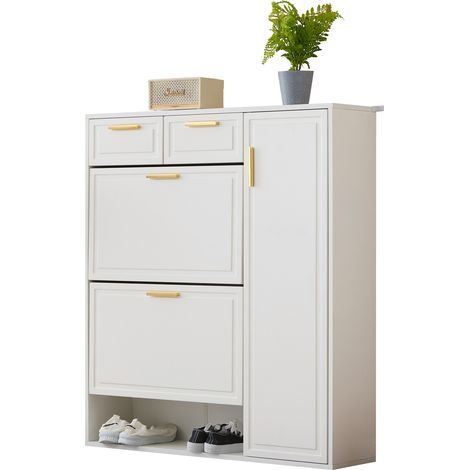 ELVMI Schuhschrank mit 2 Schubladen, Verstellbaren Regalen und Offenen Fächern für Flur, 95 x 24 x 107.5 cm (1/5)