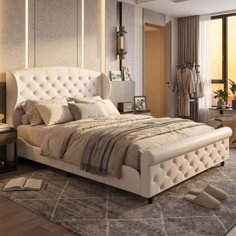 Creahappy Lit Capitonné Design Sleigh 140x200 cm - Élégance Intemporelle & Structure Renforcée - Confort Hôtelier Beige (1/5)