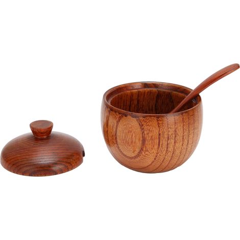 Pot à épices en bois, sucrier, salière et poivrière, boîte à épices avec cuillère et couvercle, ustensile de cuisine (1/5)