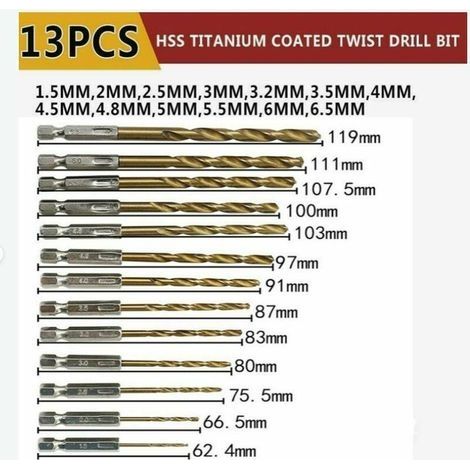 HSS-Spiralbohrer-Set, Holzbohrer mit Titanbeschichtung, 1,5–6,5 mm, 13-teilig (1/3)