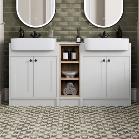 1540mm Bathroom Double Vanity Unit Semi-Recessed Basin Shelf Storage, Traditional, Black Handles, White (1/5)