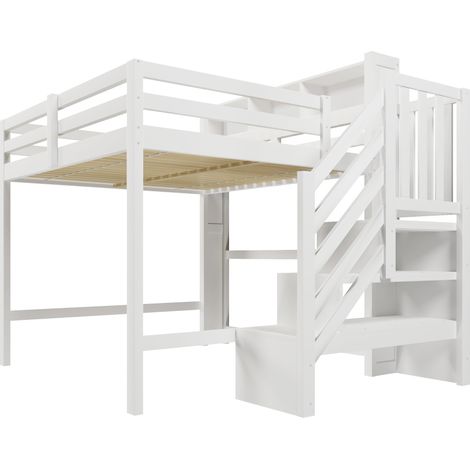 Lit mezzanine enfant 140x200 cm blanc avec LED, escalier de rangement et grand espace sous le lit (1/5)