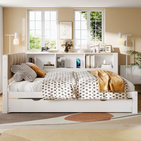 Lit banquette moderne 140x200 cm en pin blanc avec lit gigogne 90x190, LED dimmable, USB et étagère latérale (1/5)