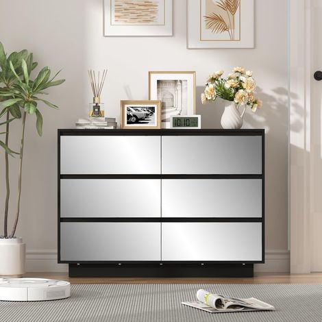 UEV Commode à 6 Tiroirs 100cm, Armoire de Rangement avec Miroir, Grand Espace de Rangement, 16 Bandes LED de Couleur, pour Chambre à Coucher, Salon, Entrée, 100 x 34 x 72,5 cm, Noir