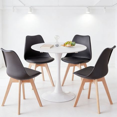 Wokaka Set tavolo e sedie 5 posti - Tavolo rotondo 80 cm - Sedie ergonomiche in legno massello (nero) - Design scandinavo