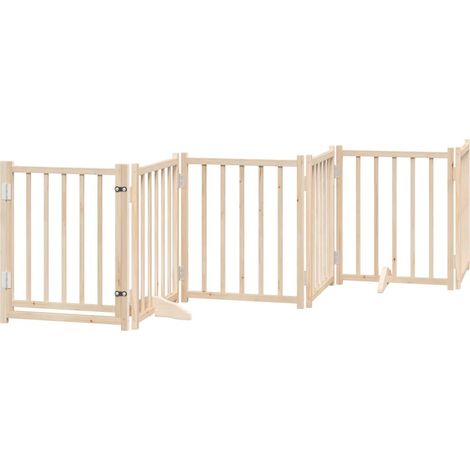 Barrière de sécurité pour chien animaux de compagnies avec porte 6 panneaux bois de sapin massif marron