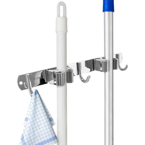 Porte Balai Mural Autocollant, Accroche Balai Mural en Acier Inoxydable avec 2 Emplacements et 3 Crochets pour Cuisine, Salle de Bain, Garage, Jardin (Vis Incluses) (1/5)
