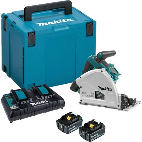 Makita DSP600PTJ Twin 18V LXT Brushless Plunge Saw - 2x 5Ah Batteries, DC18RD Charger & Makpac 4 Case (1/5)