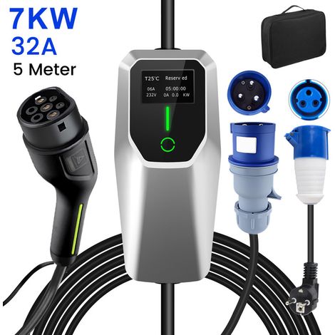 Câble de recharge Type 2 32A 7kW monophasé 6m portable 1adaptateur JUNSUN