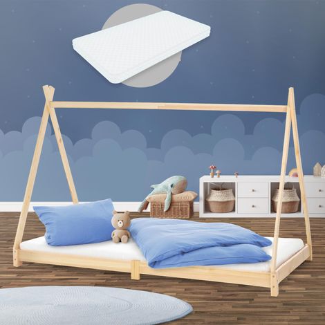 ML-Design Cama Infantil Tipi Natural 90x200 cm + Colchón de Espuma Fría 10cm y Somier de Listones, Cuna de Suelo Juvenil de Madera Maciza de Pino, Lecho para Niño y Bebé, Casa Tienda de Campaña Juego (1/5)