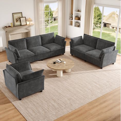 Set divano modulare 220/155/90 cm grigio in ciniglia con divano 3 posti, 2 posti e poltrona (1/5)