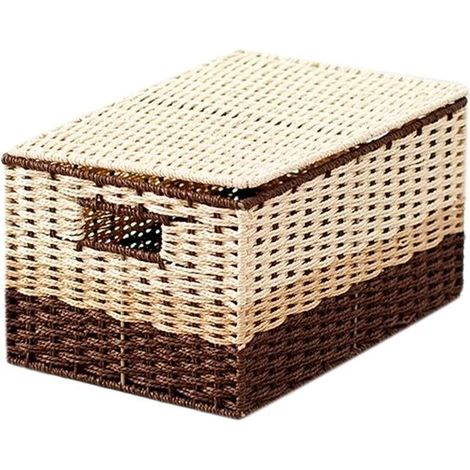 Panier de rangement tressé en fibres végétales avec couvercle, pour vêtements et autres articles, idéal pour la maison et la cuisine (30 x 22 x 14 cm). (1/5)