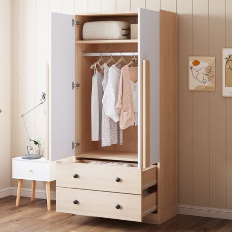 Armario ropero 70x40x170 cm blanco y madera en madera con 2 puertas, 2 cajones y estantes (1/5)