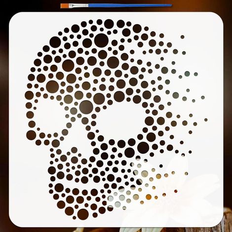 Pochoir Peinture Crâne à Points avec Pinceau 30x30cm Réutilisable Modèle de Dessin Motif Crâne Plastique PET Pochoir Style Pointillé Modèle Thème Crânes pour Peinture sur Bois Tissu (1/5)