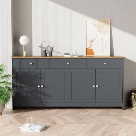 Buffet 160x37x75 cm avec 4 portes, 3 tiroirs, étagères réglables, pour salon, salle à manger, en MDF, gris et naturel (1/5)
