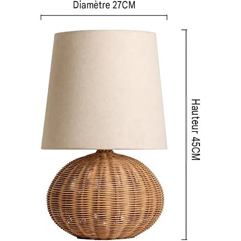 Lampe de chevet en rotin avec abat-jour en tissu – Lampe de table décorative pour chambre, salon et bureau, style naturel (1/3)