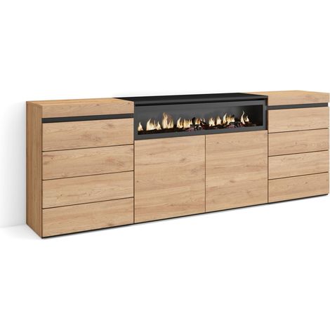 Skraut Home – Buffet moderne en chêne et noir – Dimensions 214x35x75cm – Module avec 2 portes et 4 tiroirs – Grand espace de rangement (1/5)