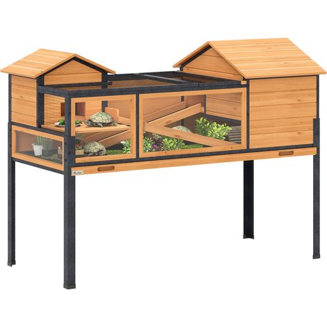 Maison de la tortue, 2 étages pour petits animaux, fenêtres, jaune, acier, accessoires, rampes, enclos, 2 pièces, bois (1/5)
