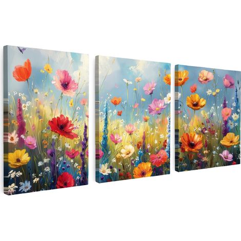 MULTI-PANEL WALL ART Trittico Set of 3 Flowers - Spring - Colorful - Summery 90x40 cm