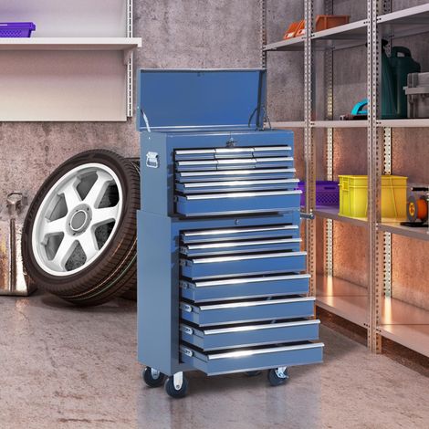 Carrello da officina con cassetta degli attrezzi, carrello portautensili vuoto con serratura, cassetti, vano porta attrezzi, chiave e tappetini antiscivolo, blu