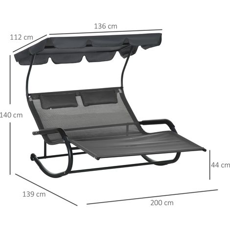 Transat double, Banc à bascule avec auvent, Fauteuils à bascule avec roulettes, Transat de jardin avec coussin de tête, Portée 220 kg, Pour 2 personnes, Gris foncé, 200x139x140cm (1/5)