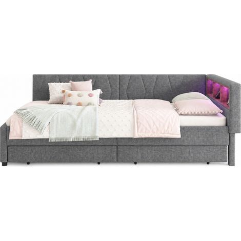 Lit banquette 140x200 cm gain de place avec LED, USB+Type C, 2 tiroirs, rangements tête de lit et sommier à lattes, tissu gris, sans matelas CHICFURN (1/5)