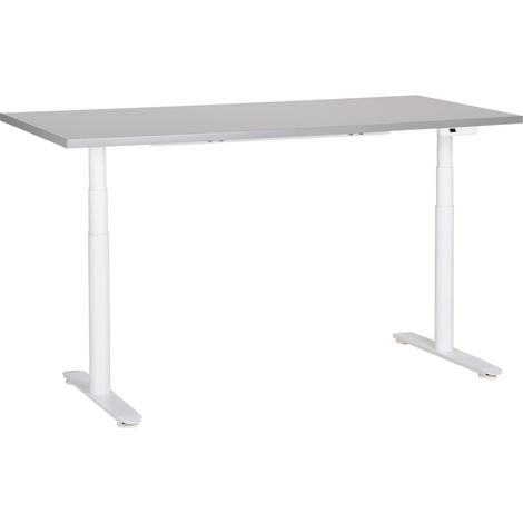 Escritorio de altura regulable eléctrico diseño moderno patas redondas 160 x 72 cm tablero gris soporte de acero blanco DESTINAS