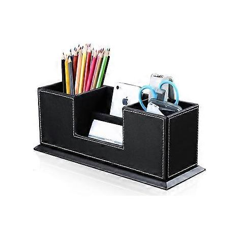 Schreibtisch-Organizer aus PU-Leder mit 4 Fächern für Stifte, Visitenkarten, Fernbedienung, Handy und Kosmetikartikel.