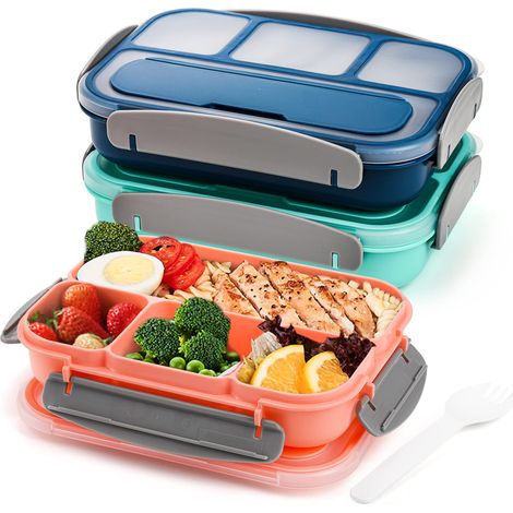 Set di 3 bento box con cucchiai e 4 scomparti, contenitori per pasti in plastica con coperchi, contenitori a tenuta stagna per adulti, al lavoro e a casa, 3 colori