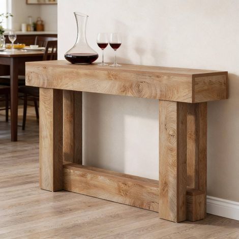 Console d'entrée 160x30x85 cm en bois brun, avec rangement pour salon, FloraGrace (1/5)