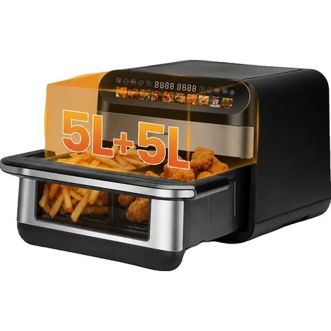 Freidora de aire, capacidad de 10 L, potencia de 2400 W, dos cámaras de 5 L, rango de temperatura de 80 a 200 °C, pantalla táctil LED. (1/5)