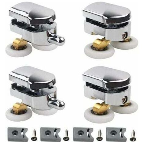 Accessoires pour roulettes de porte, roulettes doubles - pour portes de douche coulissantes, 2 roulettes Salle de bains en alliage de zinc diamètre 25 mm, avec butoirs et éléments de fixation, lot de (1/3)